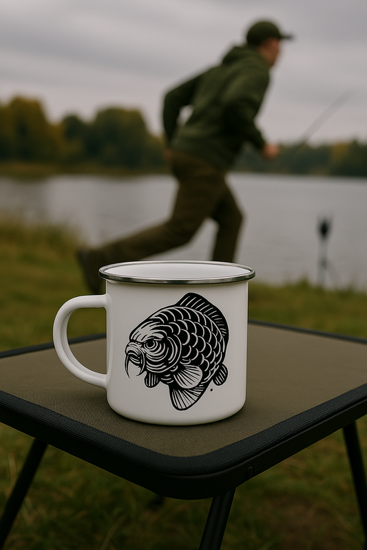 Angry Carp Emaille Mok | Sterke Outdoor Beker voor Vissers & Kampeerders