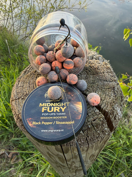 Midnight Fury 14mm Pop-ups – Donkere & Pittige Hookbait voor Karpervissen