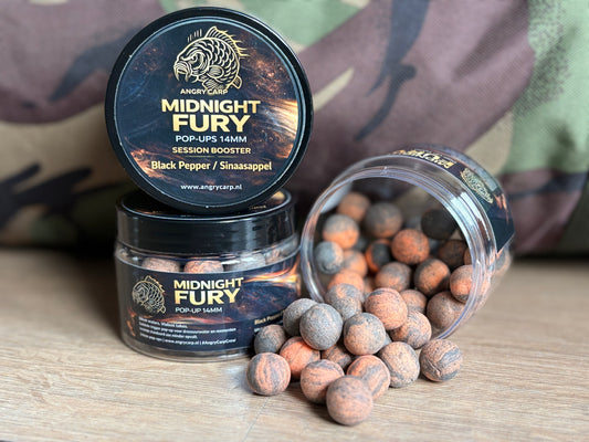 Midnight Fury 14mm Pop-ups – Donkere & Pittige Hookbait voor Karpervissen